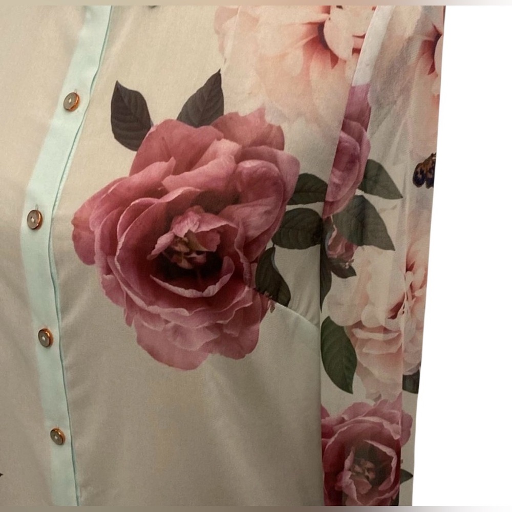 NWT Ted Baker Sheer Floral Button-Down Blouse - Light Blue/Pink - Picture 3 of 15